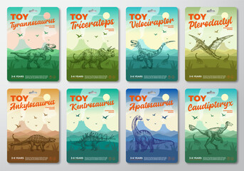 Dinosaur Toy Product Labels Template Set Abstract Vector Packaging Design Layouts Collection. Modern Typography with Prehistoric Volcano Landscape and Hand Drawn Dinosaurus Sketch Background Isolated © createvil