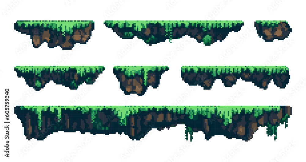Poster pixel art game grass platforms. pixelated game islands. Land and game props. Retro 8-bit sprite. Vector isolated set