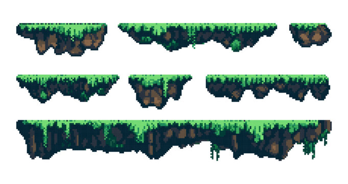 pixel art game grass platforms. pixelated game islands. Land and game props. Retro 8-bit sprite. Vector isolated set