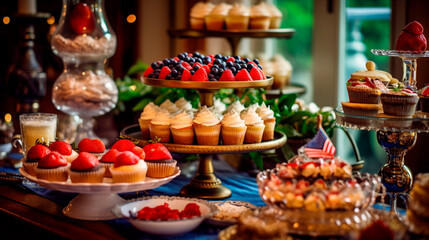 Fototapeta na wymiar Sweet Taste of Freedom: A Patriotic-themed Dessert Buffet Featuring Mouthwatering American Delicacies. Generative AI.