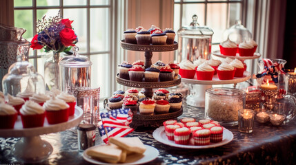 Fototapeta na wymiar Red, White, and Delicious: A Stunning Patriotic Dessert Spread Celebrating American Cuisine. Generative AI.