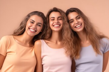 Three lovely female models dressed in pastel standing on studio background smiling, having fun, happy time concept. Generative AI
