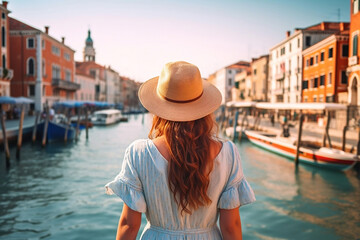 Fototapeta na wymiar Back view of a girl wearing hat travelling in Venice, Italy. Generative AI