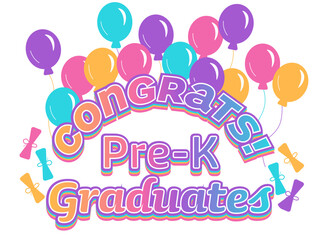 Pre-K Graduation Banner Text with Bright Colors and Balloons