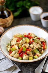 Chicken fillet stewed with zucchini, peppers, tomatoes, onions and garlic.