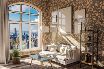 luxurious loft apartment with arched window and panoramic view over urban downtown; noble interior living room design mock up; 3D Illustration