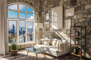 luxurious loft apartment with arched window and panoramic view over urban downtown; noble interior living room design mock up; 3D Illustration