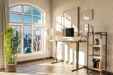 modern standing desk pc workplace in daylight downtown skyline office; home decoration desing and home office concept; 3D Illustration