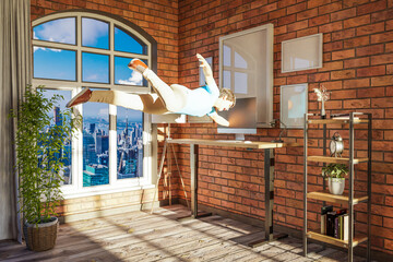 businessman floating in air gets sucked into pc display; surreal stress immersion and virtual reality concept; bright urban office with large window; 3D Illustration