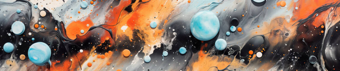 An abstract painting with orange, blue and black colors. Generative AI. Abstract panoramic banner, panorama illustration.