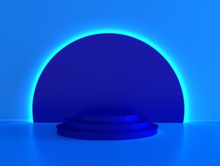 Realistic 3d background with cylinder podium. Blue glowing light semi circles layers scene. Abstract minimal scene mockup products display, Stage showcase. 3D Rendering geometric forms.