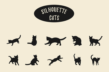 Cat silhouette set Isolated on white background, Vector illustration