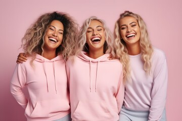 Obraz premium Three female friends in wearing sport clothes, laughing happily on pink background. Generative Ai