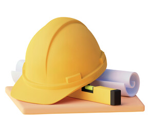 Vector icon. Engineer or constructor hardhat with blueprint and level tool - 605760936
