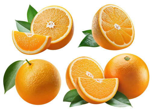 Set of delicious orange fruits with leaves, cut out. Based on Generative AI
