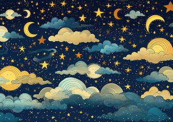 Illustration of a detailed dreamy landscape in dark gray and beige, sky, constellations, clouds, beautiful starry sky. Generative AI
