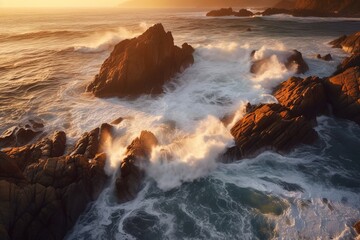 Fototapeta premium The sun glistens off the powerful waves crashing against a rocky shoreline - Generative AI