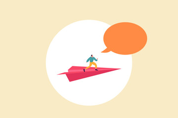 Businessman flying in paper plane in the sky with bubble chat. Business vector symbol of future, freedom, career opportunities, challenge