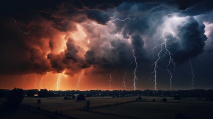 A stormy sky with multiple lightning strikes represents a severe storm. Generative AI