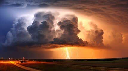 Fototapeta na wymiar A stormy sky with multiple lightning strikes represents a severe storm. Generative AI