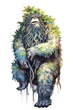 A watercolor painting of a man with a beard. Generative AI. Mystical mapinguari, a fearsome giant spirit.