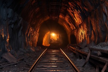 Fototapeta na wymiar Underground Coal Mine with Rails: Mining Industry. AI