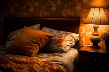 Cozy Bedroom Setup with Bed, Pillows, and Lamp. AI