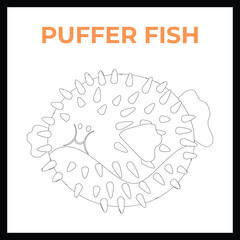 Blue Blowfish outline cartoon character isolated on white background