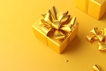 Gift box with golden satin ribbon and bow on yellow background. Holiday gift with copy space. Birthday or Christmas present,  top view. Christmas giftbox concept..