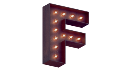 Light bulb glowing letter alphabet character F font. Perspective view illuminated capital symbol on transparent background. 3d rendering illustration. casino letters.