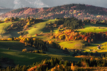 Colorful autumn country in region Orava at Slovakia