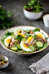 Healthy canned tuna salad with capers, egg, potato and cucumber.