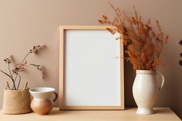 Empty wooden picture frame mockup on the wooden desk. Boho bohemian style.. Beige walls and dry plants. Working space, home office. Art, poster display. Generative AI