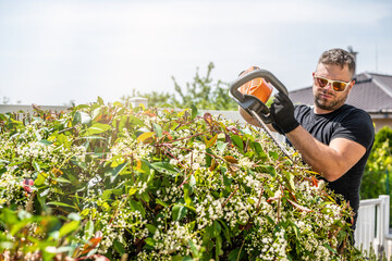 Man holding hedge trimmer in his hands. Bush pruning work. Gardening and cutting activities....
