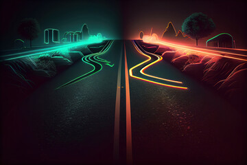 Roadmap design, neon glowing, forward movement, dark environment. Generative Ai