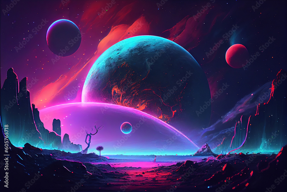 Wall mural fantastic planet, neon colors, magical lights in the galaxy. generative ai