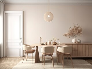 Cozy dining room interior in beige, 3d render.