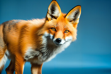 Red fox (Vulpes vulpes). Portrait of a red fox close-up. Fox looks eyes in eyes on blue background. generative ai. - 605766700