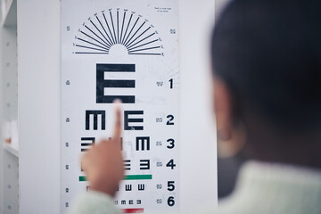 Eye care, medical and chart for a vision test for prescription lens glasses in an optometry clinic. Ophthalmology, healthcare and back of optometrist doing an optical exam with letter board in store. - obrazy, fototapety, plakaty
