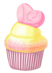 cupcake with pink heart hand drawn watercolor illustration png cut out