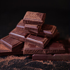 Chocolate. Dark Chocolate Bar Stack. Confectionery, Confection Concept. Dark Key Style Sweets with Cocoa Powder