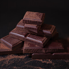 Chocolate. Dark Chocolate Bar Stack. Confectionery, Confection Concept. Dark Key Style Sweets with Cocoa Powder