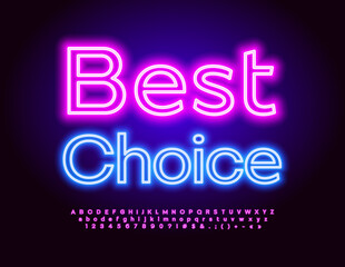 Vector bright poster Best Choice. Modern Neon Font. Pink Glowing Alphabet Letters and Numbers set