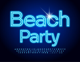 Vector glowing Banner Beach Party. Blue neon Font. Trendy bright Alphabet Letters and Numbers set