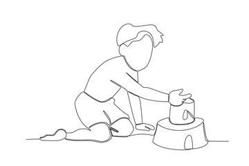 A boy builds a sand castle. Summer one-line drawing