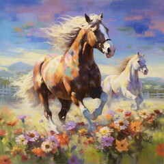 Obraz na płótnie Canvas Graceful horses in rolling meadows Generative AI