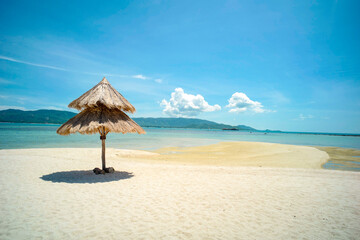 Wooden swing on a beach with clear blue sky on sunny day.