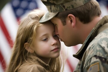 Affectionate military reunion between father and daughter in background american flag . Generative Ai