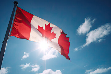 Canadian flag flying on a flag pole against a blue sky. AI generative.