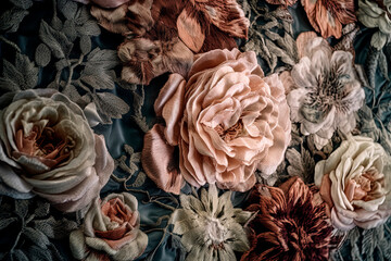 Generative AI illustration of Background of colorful blooming flowers with gentle petals viewed from above